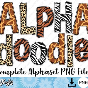 Pacote PNG de letras de Doodle selvagem, alfabeto de padrão de pele de animal, número em letras maiúsculas e minúsculas, conjunto de alfabeto Safari desenhado à mão por sublimação PNG