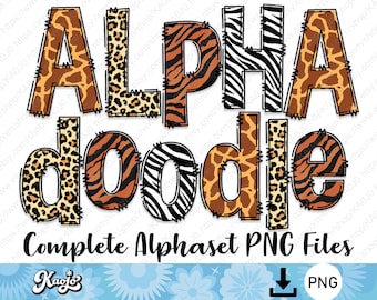 Wild Doodle Letters PNG Bundle, Animal Skin Pattern Alphabet Uppercase Lowercase Number, Sublimation Hand Drawn Safari Alphabet Set PNG
