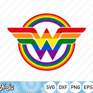May include: A rainbow-coloured circle with a stylised "W" inside, representing the Wonder Woman logo. The circle is made up of the colours of the rainbow, with red on the outside and violet on the inside.