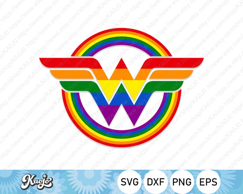 May include: A rainbow-coloured circle with a stylised "W" inside, representing the Wonder Woman logo. The circle is made up of the colours of the rainbow, with red on the outside and violet on the inside.