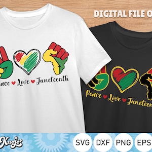 May include: Two digital designs for t-shirts featuring a peace sign, heart, and fist with the text "Peace Love Juneteenth". The designs are in black, green, red, and yellow.