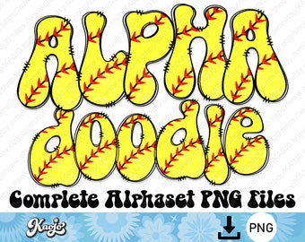 Softball Print Doodle Letters PNG, Cute Sport Ball Alphabet Uppercase Lowercase Number, Sublimation Hand Drawn Groovy Alphabet Set PNG