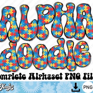 Autism Doodle Letters PNG, Colorful Puzzle Pieces Alphabet Uppercase Lowercase Number, Sublimation Hand Drawn Groovy Alphabet Set PNG