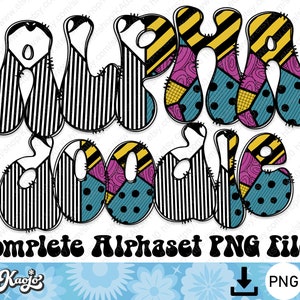 Halloween Doodle Letters PNG, Groovy Nightmare Fabric Alphabet Uppercase Lowercase Number, Sublimation Hand Drawn Groovy Alphabet Set PNG