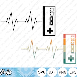 Puede incluir: Una ilustración en blanco y negro de un mando de videojuego con una línea de latido del corazón por encima. Debajo del mando hay una versión retro del mando con una línea de latido del corazón por encima.