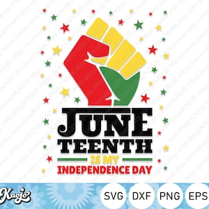 May include: A graphic design featuring a raised fist with red, yellow, and green colors, surrounded by red stars. The text "Juneteenth is my Independence Day" is written in black letters below the fist. The design is on a white background.