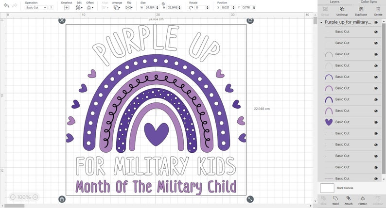 May include: Purple Up for Military Kids, a design featuring a rainbow, hearts, and the text "Purple Up for Military Kids" and "Month of the Military Child".