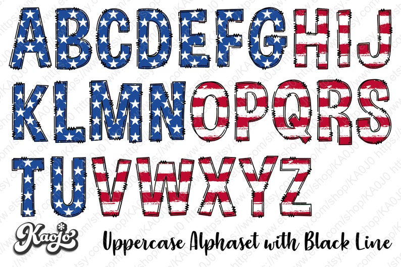 American Flag Doodle Letters PNG Bundle, Entire Doodle Alphabet ...