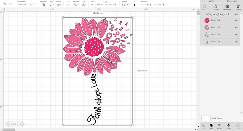 May include: Pink sunflower with pink ribbon cutouts and the text "Faith Hope Love" in a cursive font.