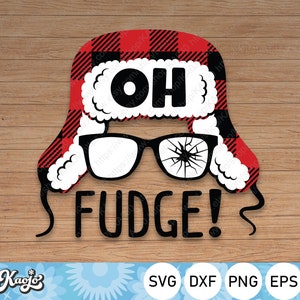 May include: A red and black plaid Christmas hat with a white pom pom and a pair of black glasses with one lens cracked. The text "OH FUDGE!" is written below the hat.