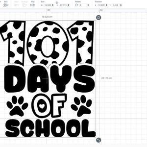 K&ouml;nnte beinhalten: Schwarz-wei&szlig;es Grafikdesign mit dem Text "101 Days of School" mit einem Kuhmuster auf der Zahl 101. Das Design enth&auml;lt auch zwei Pfotenabdr&uuml;cke und ein Herz.
