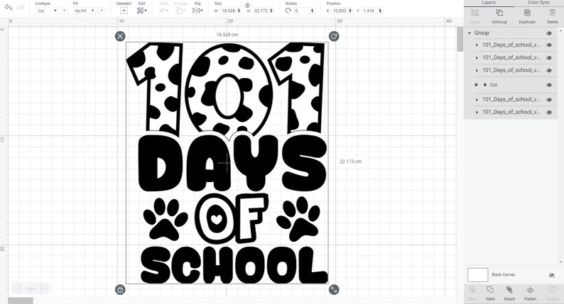 K&ouml;nnte beinhalten: Schwarz-wei&szlig;es Grafikdesign mit dem Text "101 Days of School" mit einem Kuhmuster auf der Zahl 101. Das Design enth&auml;lt auch zwei Pfotenabdr&uuml;cke und ein Herz.