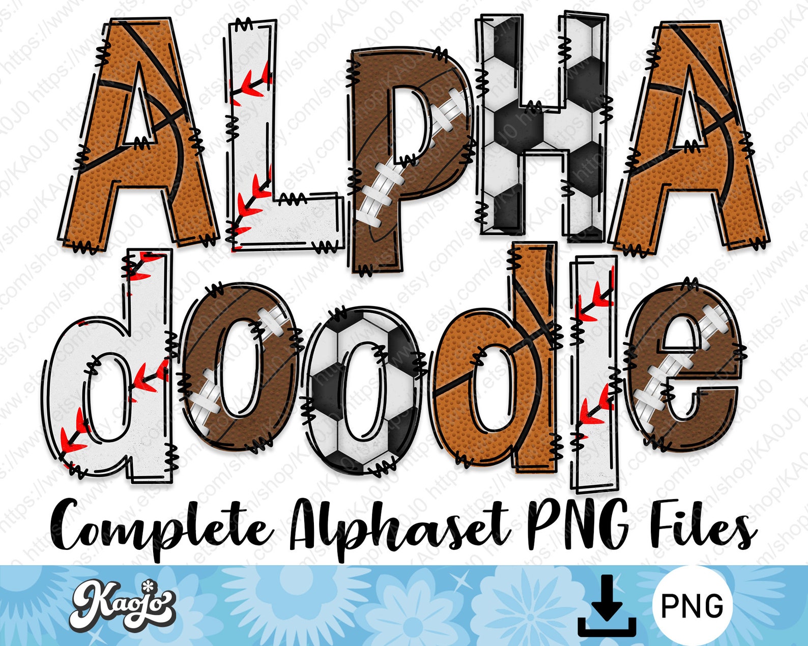 Ball Lettering Sport Ball Doodle Letters PNG Bundle, Basketball, Football Alphabet ...