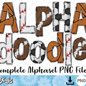 Sport Ball Doodle Buchstaben PNG Bundle, Basketball, Fußball Alphabet Großbuchstaben Kleinbuchstaben, Sublimationshandgezeichnetes Alphabet Set PNG