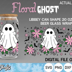 Floral Ghost Can Glass Svg, Halloween Can Glass Svg, Flower Ghost Libbey Can Glass Svg, Full Wrap For Libbey Glass 20 oz ,Cricut, Silhouette
