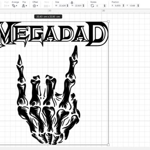 Może przedstawiać: Czarno-biały projekt graficzny z nazwą zespołu Megadeth i szkieletową ręką wykonującą rockowy gest.