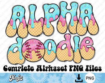 Ice-cream Blue Pink Drip Doodle Letters PNG Bundle, Baseball Alphabet Uppercase Lowercase Number, Sublimation Hand Drawn Alphabet Set PNG