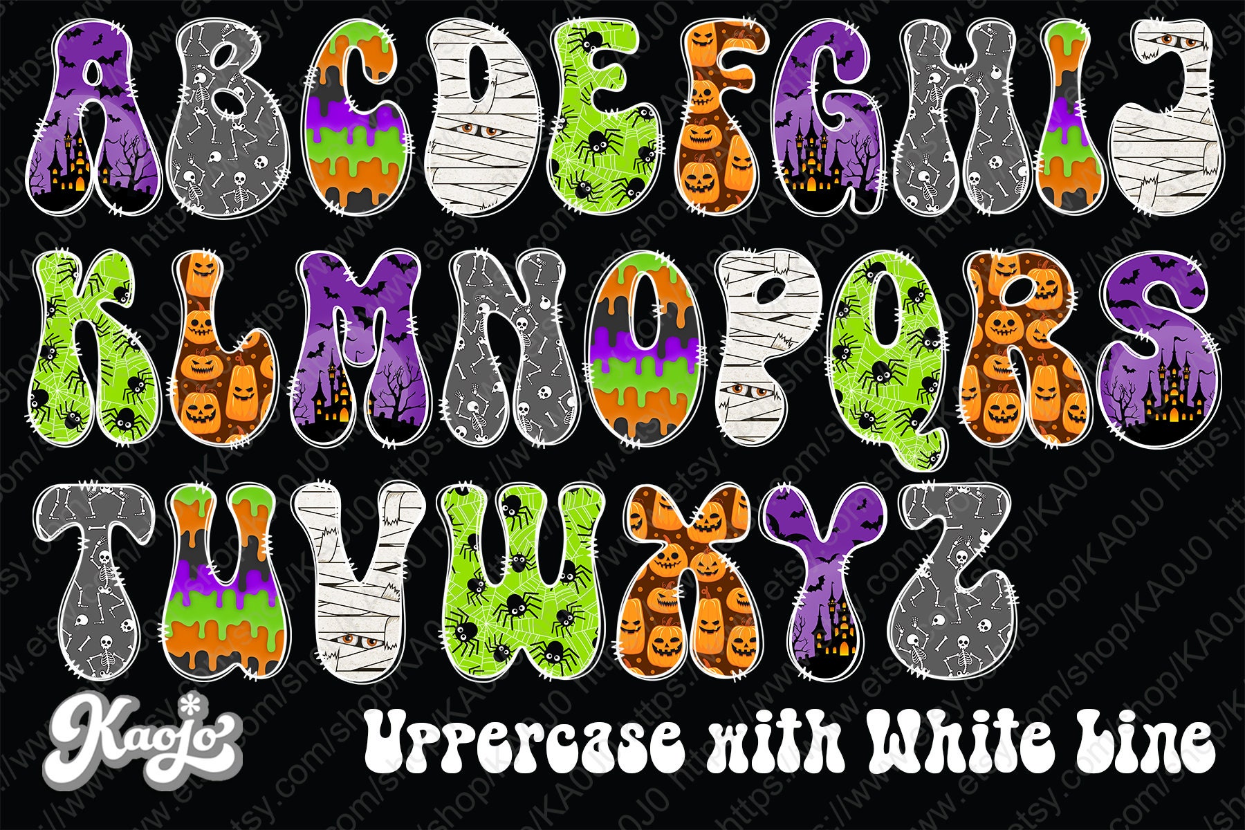 Halloween Doodle Letters PNG, Groovy Trick or Treat Alphabet Uppercase ...