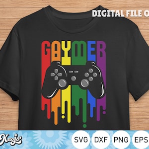 May include: Black t-shirt with a rainbow-colored design that says "Gaymer" and a video game controller in the center.