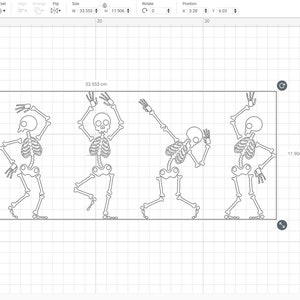 May include: Five black and white skeleton figures dancing in a row. The skeletons are outlined in black and are approximately 11.906 cm tall and 33.553 cm wide.