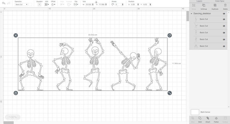 May include: Five black and white skeleton figures dancing in a row. The skeletons are outlined in black and are approximately 11.906 cm tall and 33.553 cm wide.