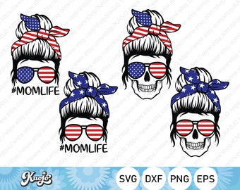 Messy Bun American Flag SVG, American Skull Mom SVG, American Messy Bun Mum Life SVG, Instant Download, Svg Files For Cricut, Silhouette