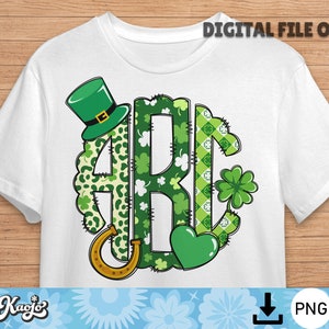 Letra de monograma de garabato del día de San Patricio PNG, alfabeto de trébol de la suerte con clip art PNG, conjunto de alfabeto de garabato dibujado a mano de sublimación