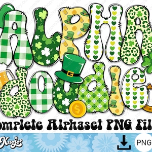 Letras Doodle do Dia de São Patrício PNG, Lucky Shamrock Alphabet Número Maiúsculo Minúsculo, Conjunto de Alfabeto Groovy Desenhado à Mão por Sublimação PNG
