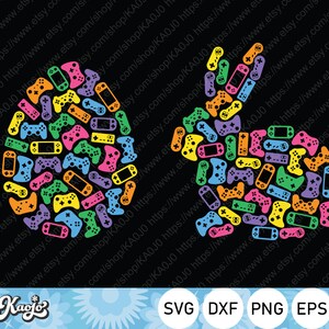 Könnte beinhalten: Eine schwarz-weiße digitale Illustration eines Kaninchens, das aus bunten Videospielcontrollern besteht. Das Kaninchen blickt nach rechts und hat lange Ohren. Der Text "Kaojo" befindet sich unten links im Bild. Der Text "SVG DXF PNG EPS" befindet sich unten rechts im Bild.