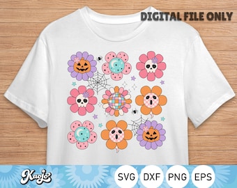 Groovy Halloween Svg, Hippie Halloween Flor Png, Retro Groovy Pumpkin Fall Svg, Descarga instantánea, SVG, Archivos PNG para Cricut, Silueta