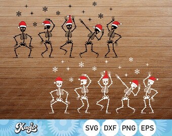 May include: Eight black skeleton figures wearing red Santa hats are dancing on a woodgrain background.  Snowflakes and stars are scattered around the skeletons.