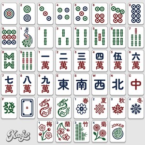 May include: A complete set of Mahjong tiles, featuring various suits, numbers, and special tiles. The tiles are white with black, red, and green symbols. Includes the text "Kagjo" in a decorative font.