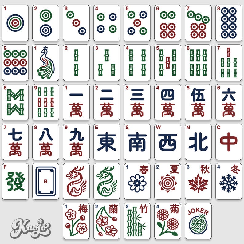May include: A complete set of Mahjong tiles, featuring various suits, numbers, and special tiles. The tiles are white with black, red, and green symbols. Includes the text "Kagjo" in a decorative font.