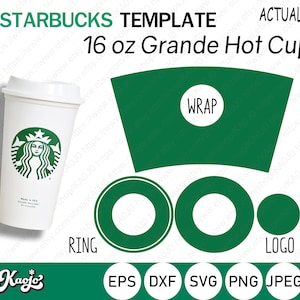 Puede incluir: Una plantilla para una taza caliente Grande de 16 onzas para Starbucks. La plantilla incluye una envoltura verde, un anillo y un logotipo. El texto "WRAP" está escrito en blanco sobre un círculo verde. El texto "RING" está escrito en negro debajo del anillo. El texto "LOGO" está escrito en negro debajo del logotipo.