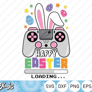 Könnte beinhalten: Ein grauer Videospiel-Controller mit rosa Knöpfen und einer Karotte auf dem Bildschirm. Der Controller hat Hasenohren oben drauf und ist von bunten Ostereiern umgeben. Der Text "HAPPY EASTER" befindet sich unter dem Controller in Regenbogenfarben. Der Text "LOADING..." befindet sich unter dem Text "HAPPY EASTER" in einer Pixel-Schrift.