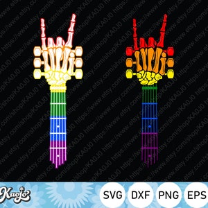 May include: Two skeleton hand guitar designs with rainbow colored fretboards and strings. The guitars are making the rock and roll hand gesture. The text "SVG DXF PNG EPS" is at the bottom of the image.