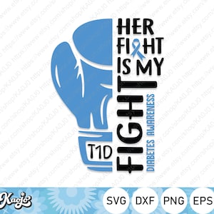 May include: Blue boxing glove with the text "T1D" and the words "Her Fight Is My Fight" with a blue ribbon and the text "Diabetes Awareness".