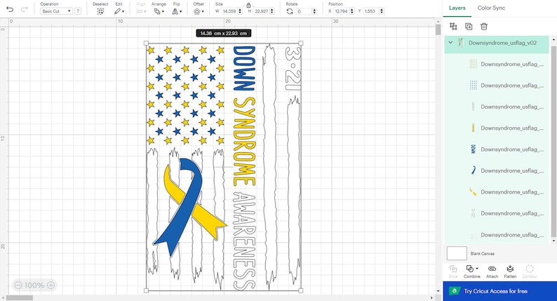 Może przedstawiać: Cyfrowy projekt amerykańskiej flagi z ż&oacute;łtymi i niebieskimi gwiazdami oraz ż&oacute;łto-niebieską wstążką. Tekst "DOWN SYNDROME AWARENESS" jest napisany pionowo po prawej stronie flagi. Data "3-21" jest napisana po prawej stronie flagi.