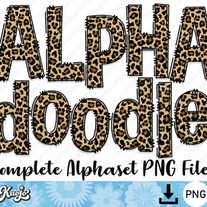 Pacote de letras PNG de doodle com estampa de leopardo, alfabeto inteiro de doodle número maiúsculo e minúsculo, conjunto de alfabeto doodle desenhado à mão por sublimação png