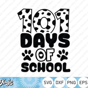 K&ouml;nnte beinhalten: Schwarz-wei&szlig;es Grafikdesign mit dem Text "101 Days of School" mit Pfotenabdr&uuml;cken und einem Herzen. Die Zahl 101 ist in einem gepunkteten Muster.