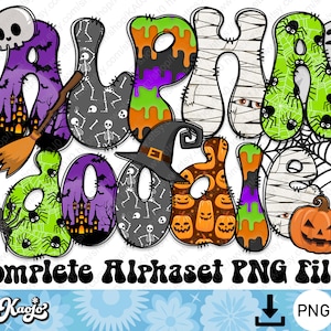 Halloween Doodle Letters PNG, Groovy Trick or Treat Alphabet Uppercase Lowercase Number, Sublimation Hand Drawn Spooky Alphabet Set PNG