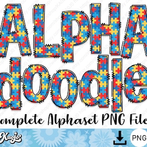 Autism Puzzle Doodle Letters PNG Bundle, Entire Doodle Alphabet Uppercase Lowercase Number, Sublimation Hand Drawn Doodle Alphabet Set PNG