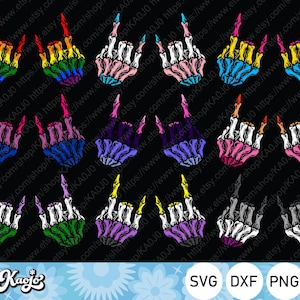 May include: A digital design featuring multiple illustrations of skeleton hands giving the middle finger. Each hand is colored differently, including rainbow, pink, blue, and green. The design includes SVG, DXF, and PNG file formats.