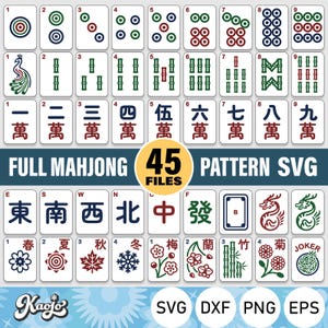 May include: A collection of Mahjong tiles with various symbols and numbers, including circles, bamboo, and characters. The image also features the text "FULL MAHJONG PATTERN SVG" and "45 FILES". The tiles are arranged on a white background.