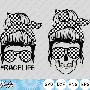 メッシー バン レース ライフ SVG、スカル レーシング ママ SVG、サングラス メッシー バン レーシング SVG、インスタント ダウンロード、Cricut 用 SVG ファイル、シルエット