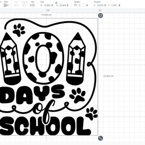 May include: Black and white graphic design featuring the text "100 Days of School" with a paw print, a pencil, and a number "100" with a cow print pattern.