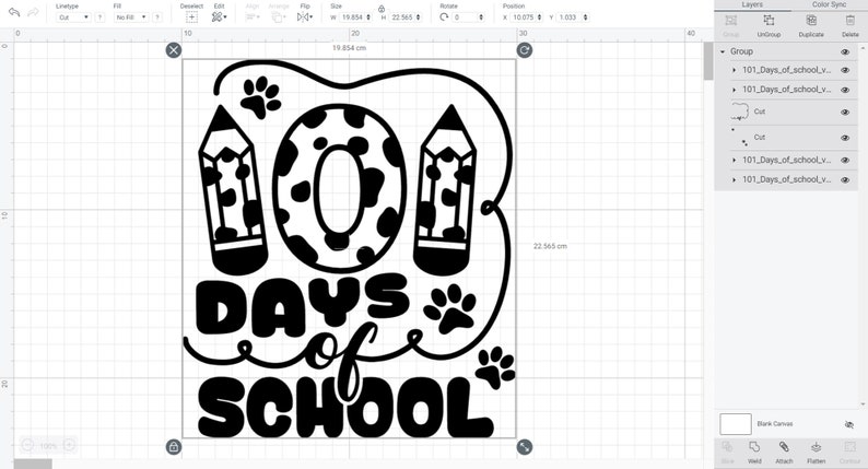 May include: Black and white graphic design featuring the text "100 Days of School" with a paw print, a pencil, and a number "100" with a cow print pattern.