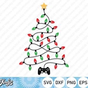 May include: A black and white illustration of a Christmas tree with red and green lights wrapped around it. The lights are connected to a black video game controller.