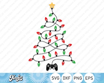 May include: A black and white illustration of a Christmas tree with red and green lights wrapped around it. The lights are connected to a black video game controller.