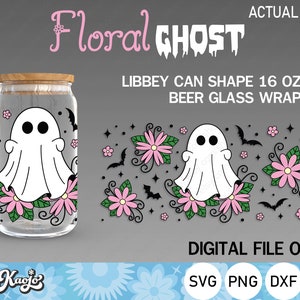 Floral Ghost Can Glass Svg, Halloween Can Glass Svg, Flower Ghost Libbey Can Glass Svg, Full Wrap For Libbey Glass 16 oz ,Cricut, Silhouette